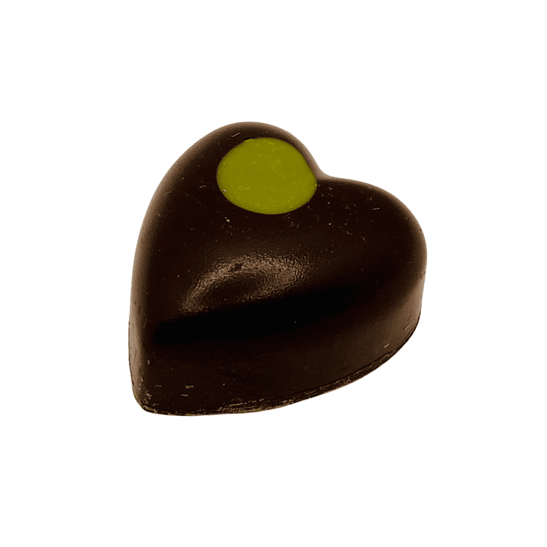Plain chocolate pear ganache heart with green spot